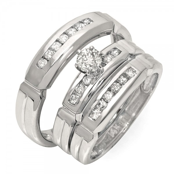 Luxurious Trio Marriage Rings Half Carat Round Cut Diamond on Gold - JeenJewels