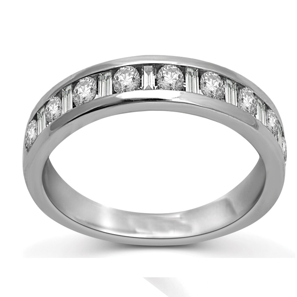 Round and Baguette Diamond Wedding Band in White Gold