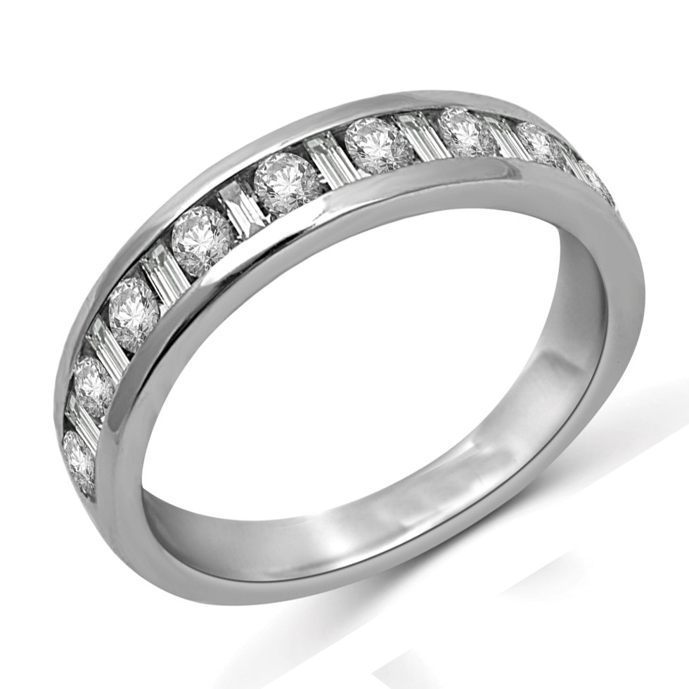 Round and Baguette Diamond Wedding Band in White Gold