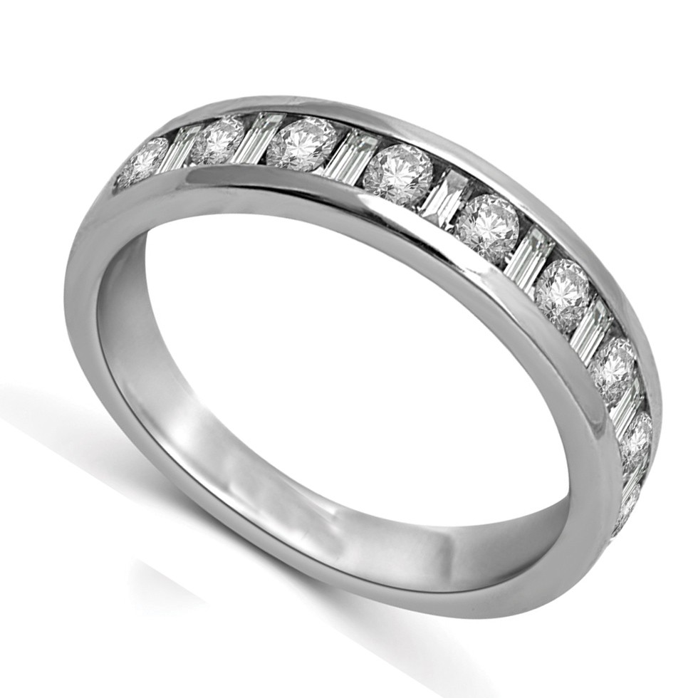 Round and Baguette Diamond Wedding Band in White Gold