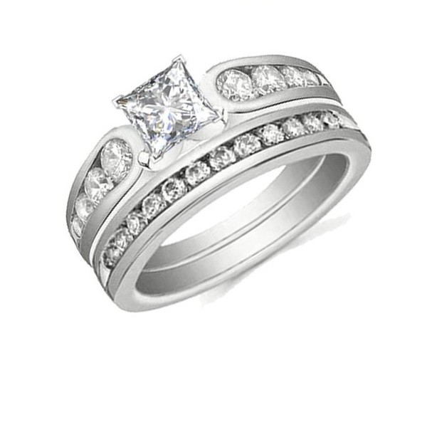 Lovely Cheap Diamond Wedding Set 1 Carat Princess Cut Diamond on Gold - JeenJewels