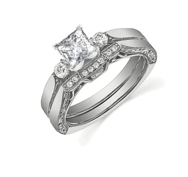 Glorious Antique Cheap Diamond Bridal Ring Set Half Carat Princess Cut Diamond on Gold - JeenJewels