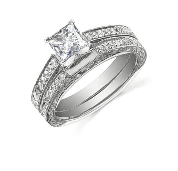 Handcrafted Vintage Cheap Diamond Bridal Set 1 Carat Princess Cut Diamond on Gold - JeenJewels