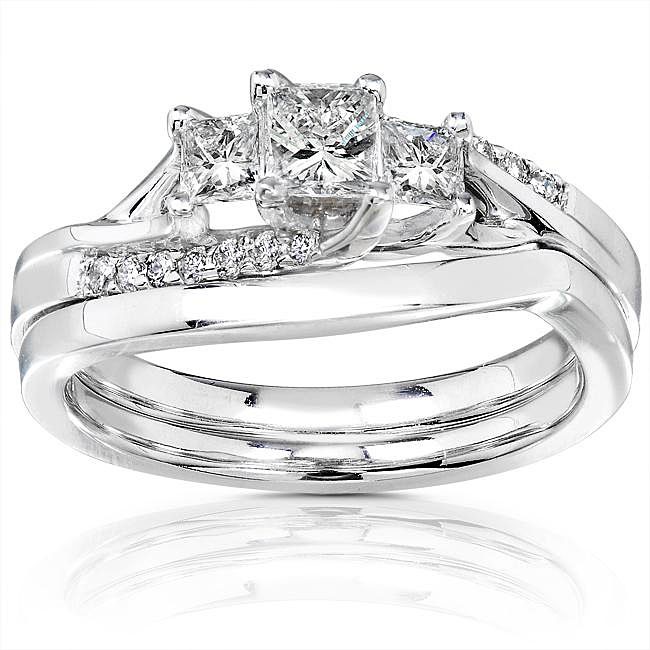 Three Stone Princess Wedding Ring Set for Her JeenJewels