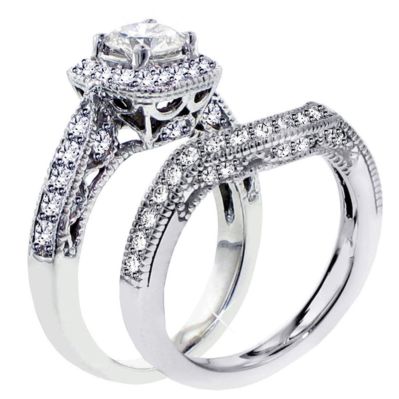 1 Carat Antique Round Engraved Wedding Ring Set in White Gold - JeenJewels