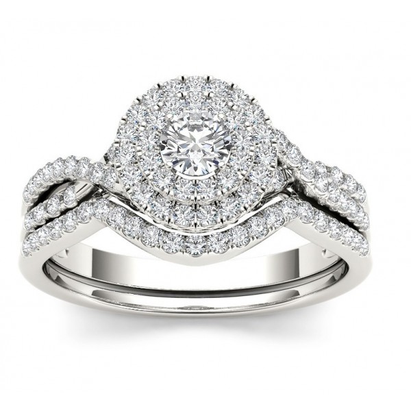 1.10 Carat Round Diamond Double Halo Wedding Ring Set for