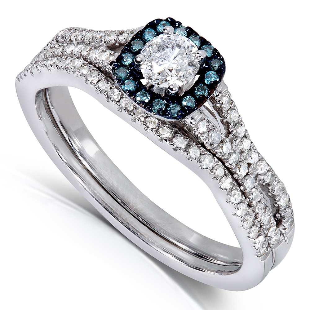 1 Carat Unique Round Diamond and Sapphire Bridal Ring Set