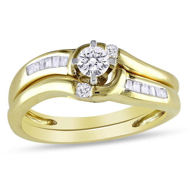 Half Carat Round and Baguette Diamond Bridal Set in Yellow Gold