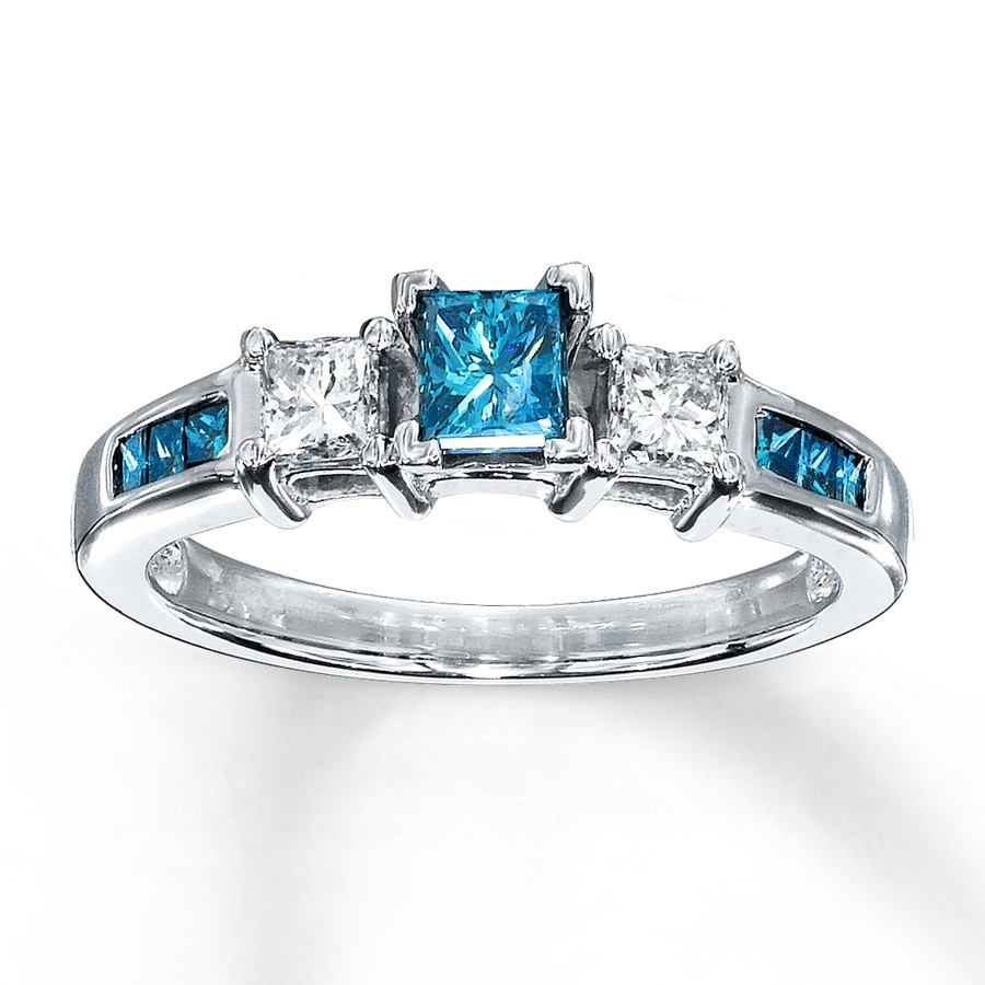 ... Princess cut Blue Sapphire and Diamond Engagement Ring in White Gold