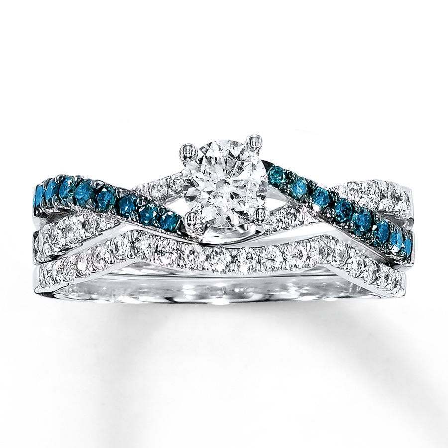 1 Carat Luxurious Round White Diamond and Blue Sapphire Bridal Ring Set JeenJewels