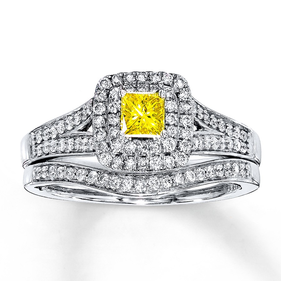 Fancy Yellow 1 Carat Princess Halo Bridal Ring Set in White Gold