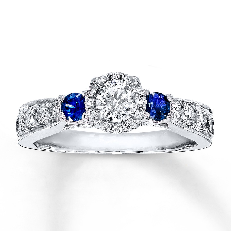 1 Carat Round Diamond and Sapphire Halo Engagement Ring in White Gold