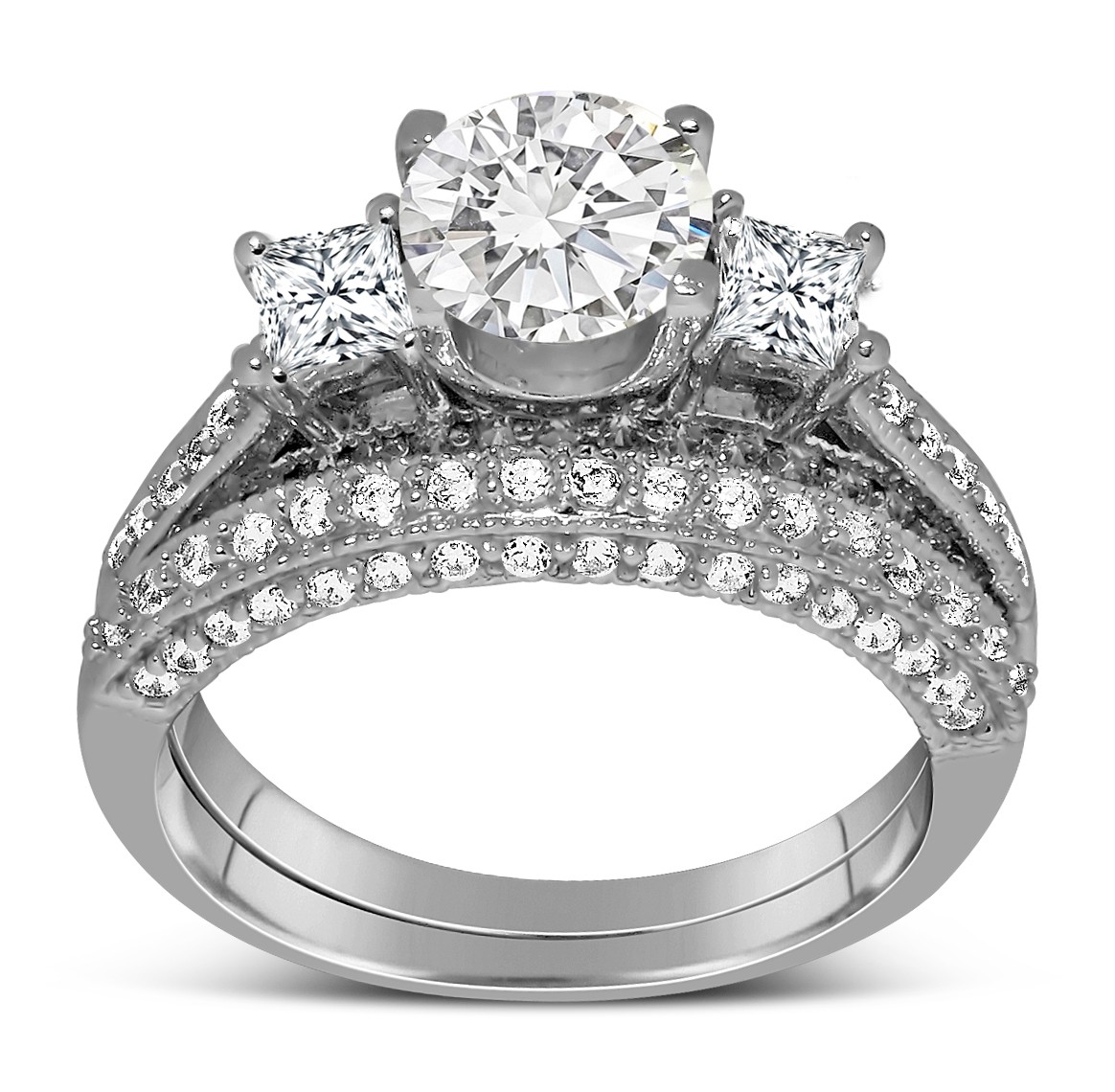 2 Carat Round and Princess Diamond Wedding Ring Set in