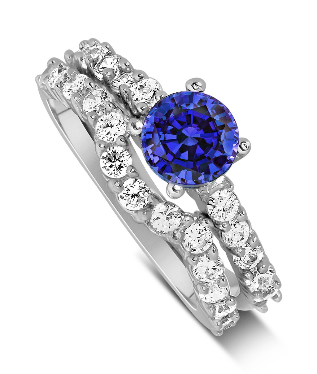2 Carat Vintage Round cut Blue Sapphire and Diamond Wedding Ring Set in