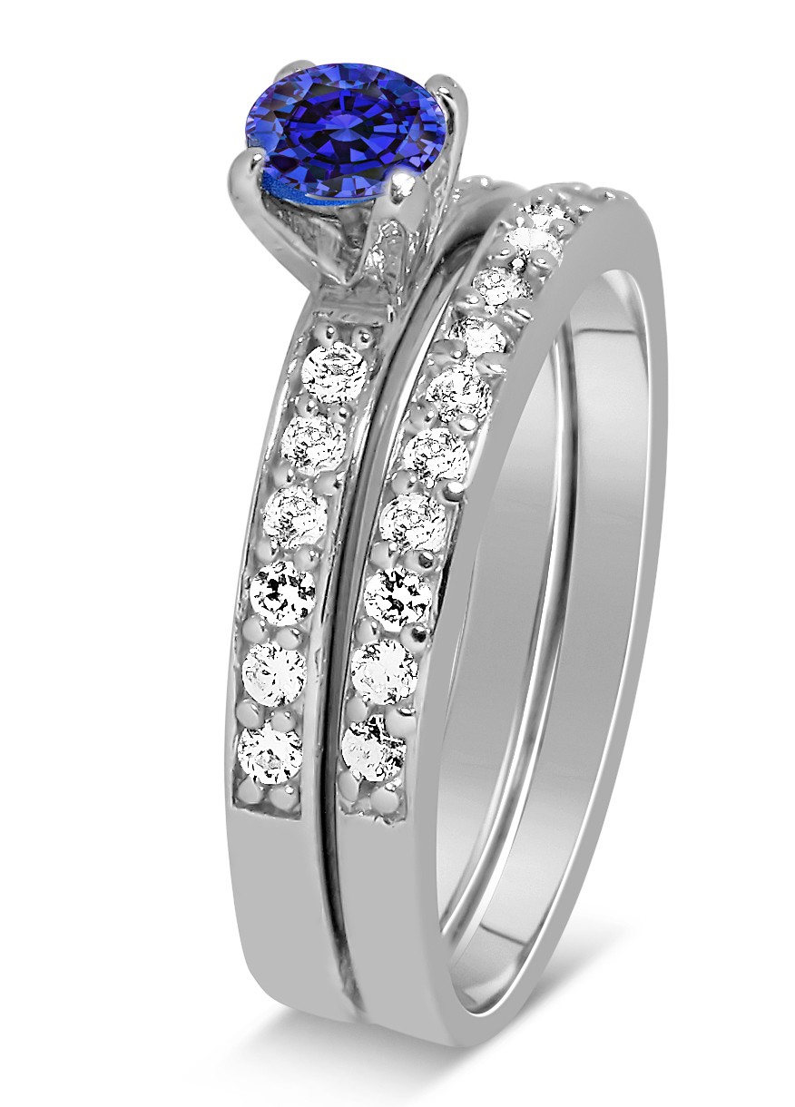 1.50 Carat Vintage Round cut Blue Sapphire and Diamond Wedding Ring Set in White Gold JeenJewels