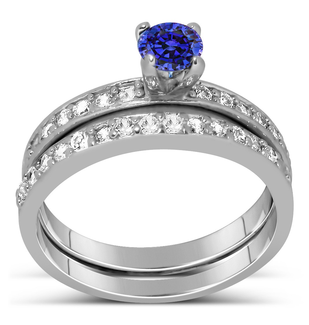 ... Round cut Blue Sapphire and Diamond Wedding Ring Set in White Gold