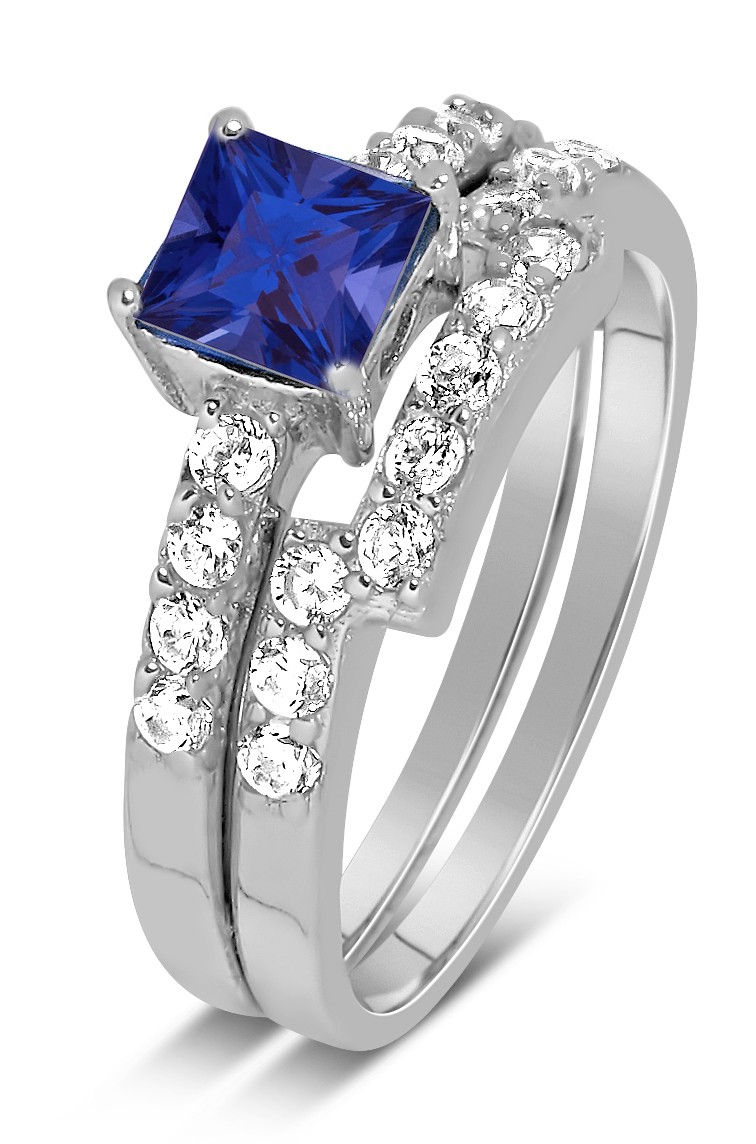 Luxurious 2 Carat Princess cut blue sapphire and White Diamond Wedding Ring Set JeenJewels