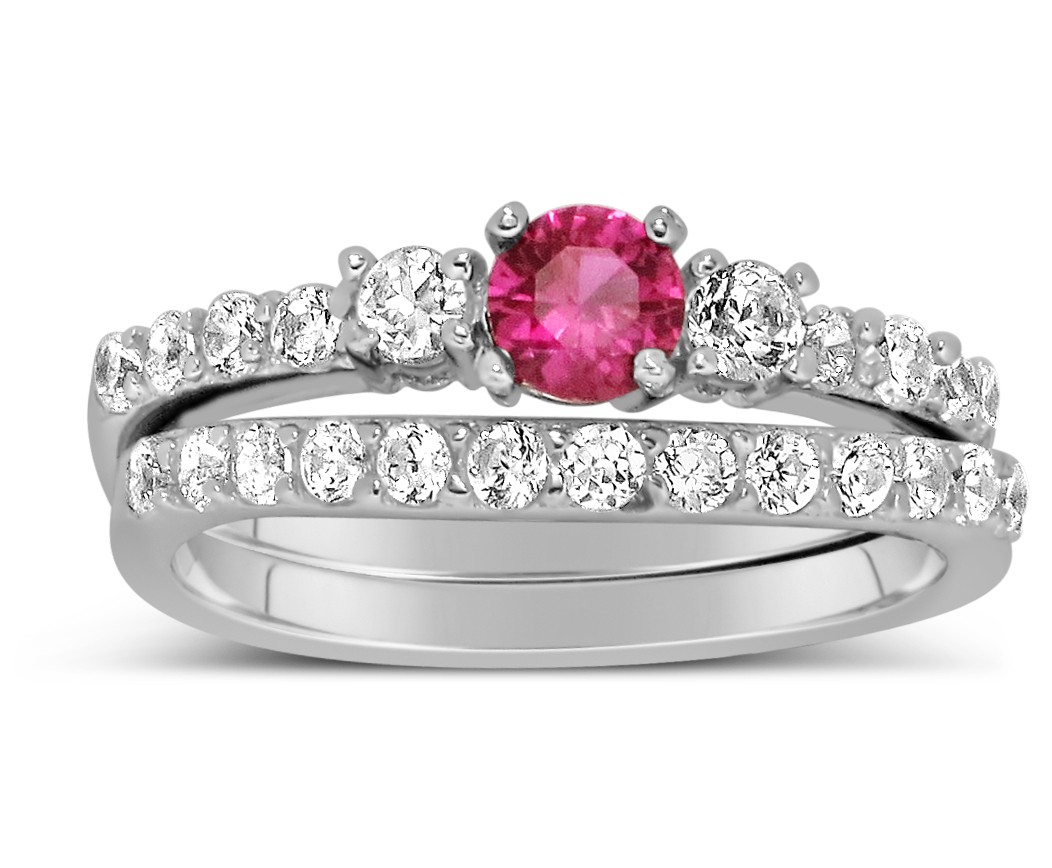 1 Carat Pink Sapphire and Diamond Wedding Ring Set in