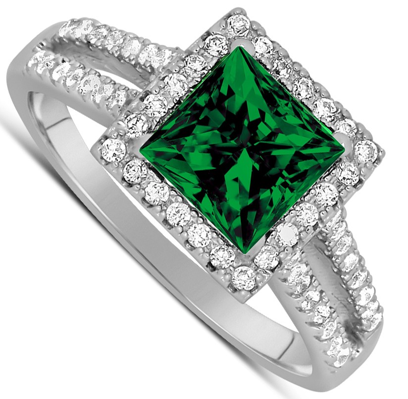 ... princess cut Green Emerald and Diamond Engagement Ring in White Gold