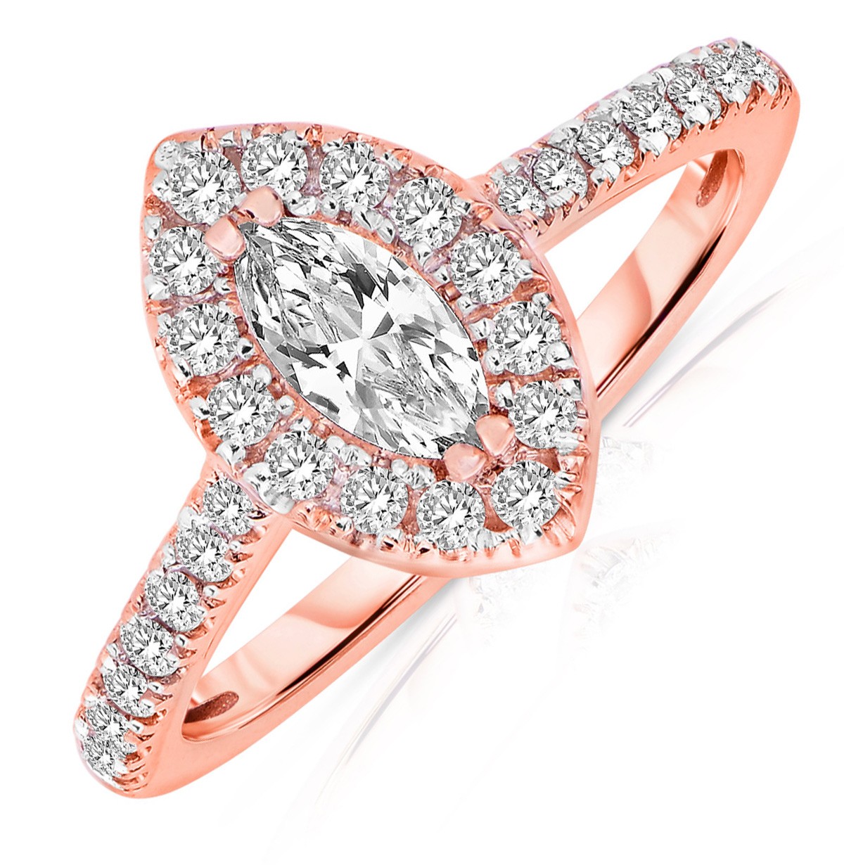 Half Carat Marquise Cut Halo Diamond Engagement Ring In Rose Gold