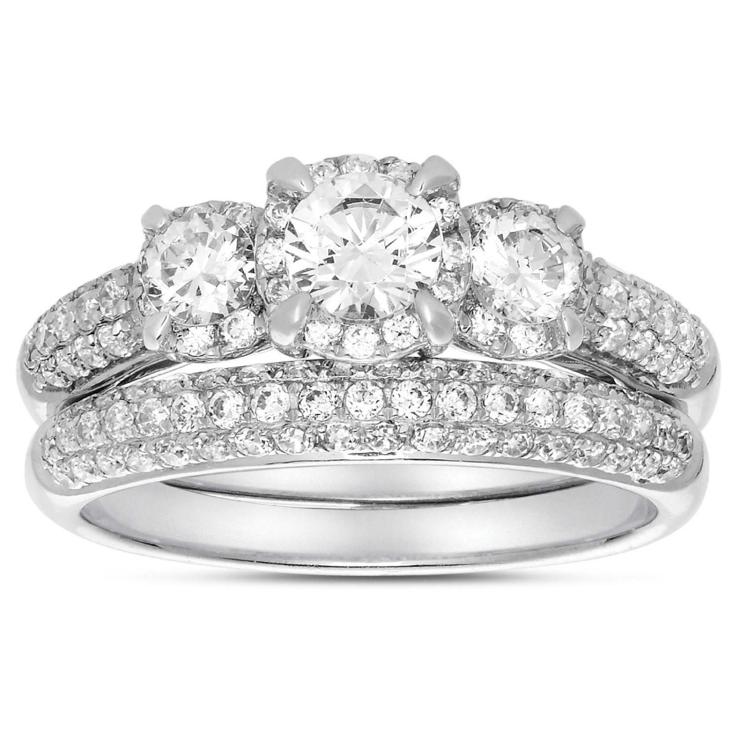 ... Stone Trilogy Round Diamond Wedding Ring Set in White Gold for Women