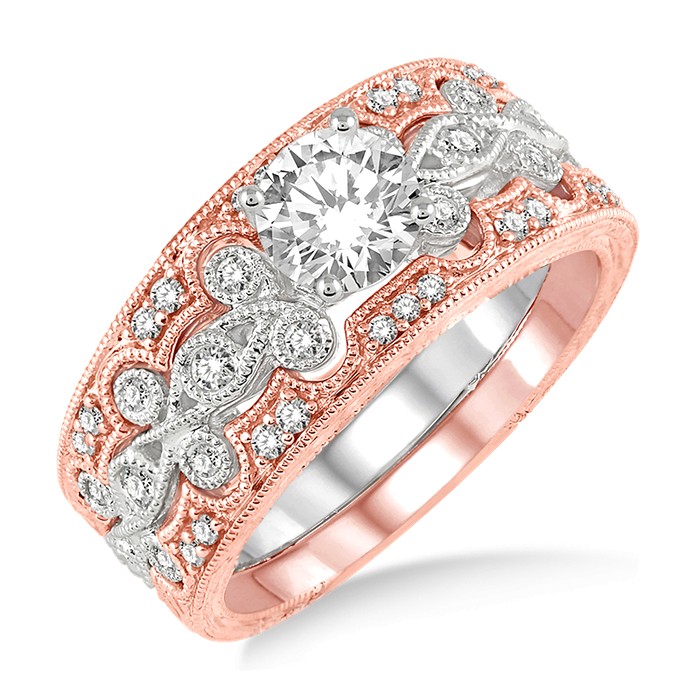 1.00 Carat Vintage Trio Bridal Set Engagement Ring with