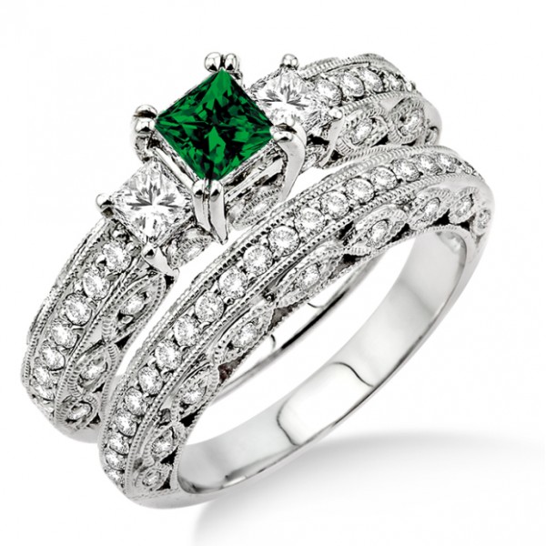 2 Carat Emerald & Diamond Antique Milgrain Trilogy Bridal