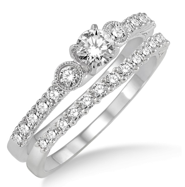 00 Carat Antique Three Stone Bridal Set with Round Cut Diamond in ...
