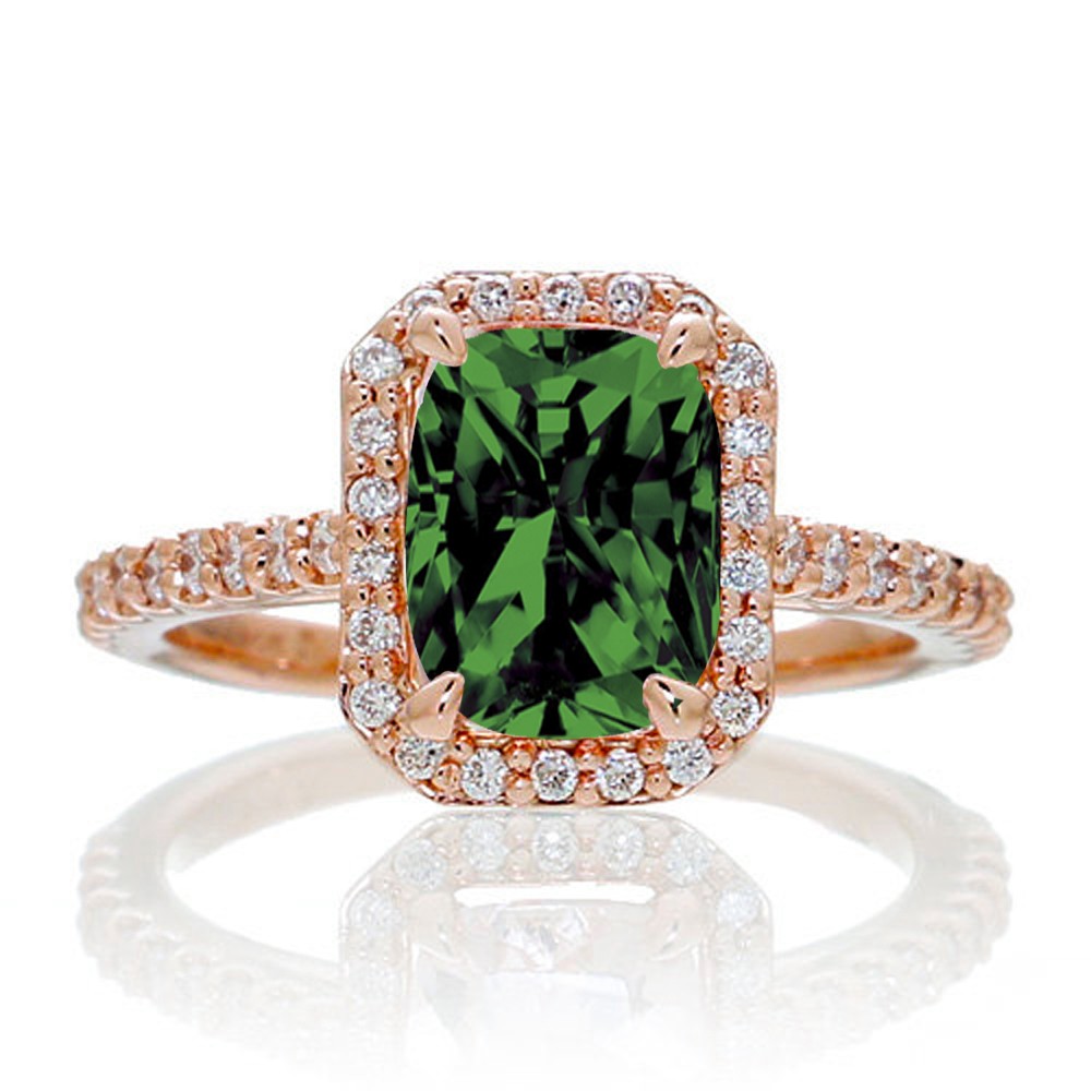 1.5 Carat Emerald Cut Emerald and Diamond Halo Engagement Ring on 10k Rose Gold JeenJewels