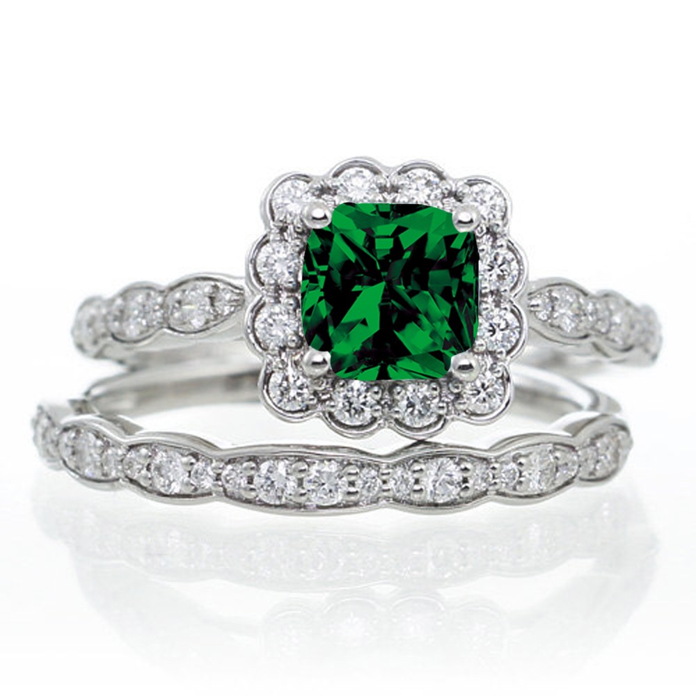 2 Carat Princess Cut Emerald and Diamond Wedding Ring set on 10k White