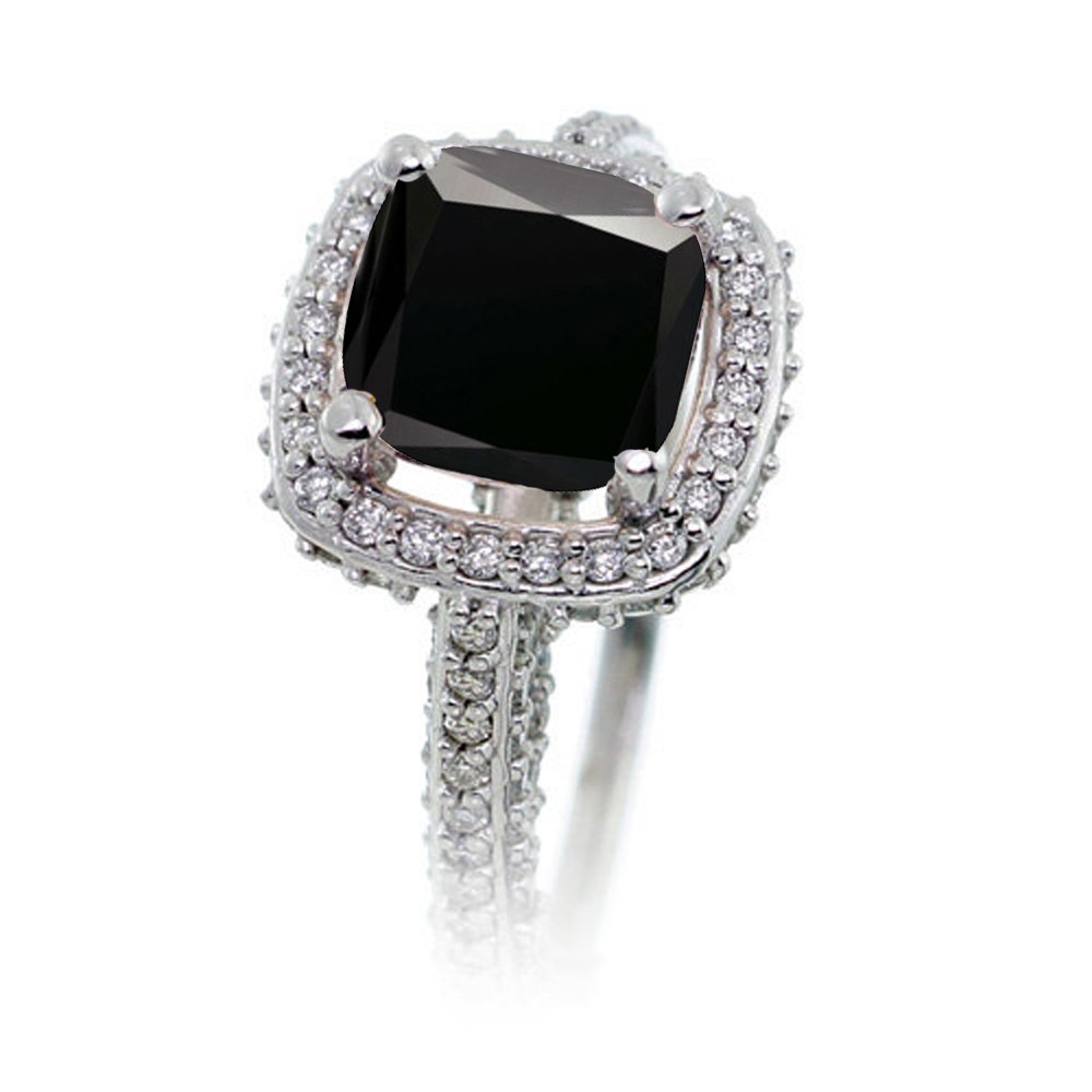 1.5 Carat Cushion Cut Designer Black Diamond and Diamond Halo