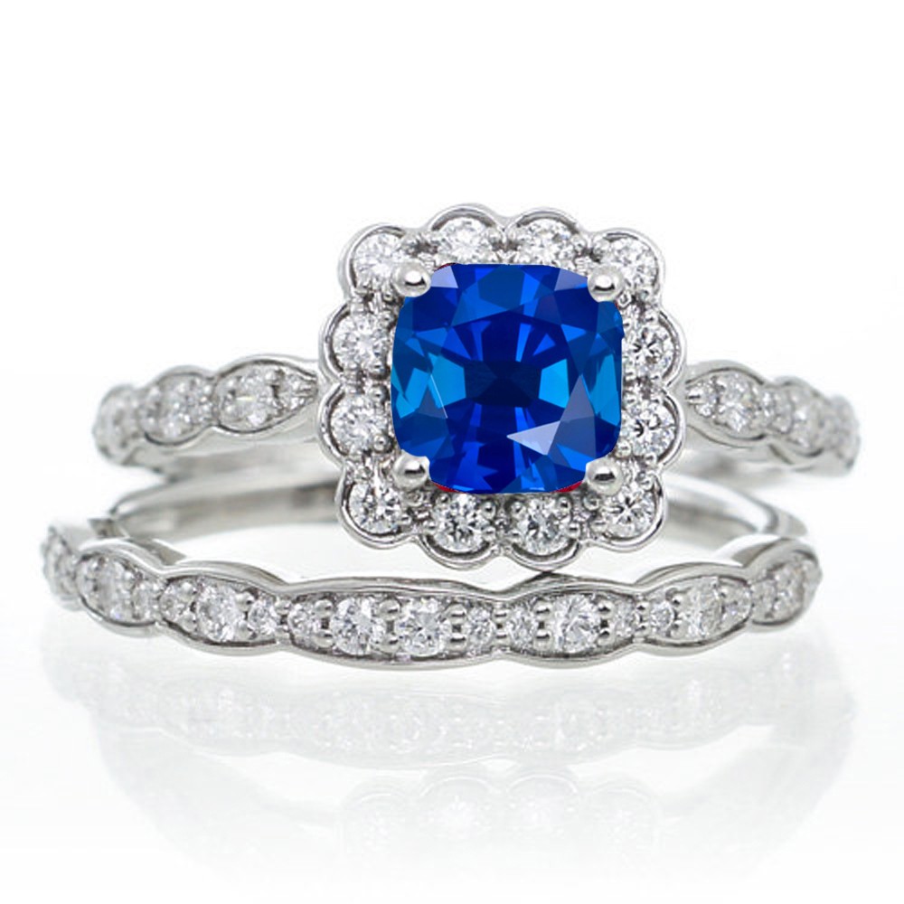2 Carat Princess Cut Sapphire and Diamond Wedding Ring set