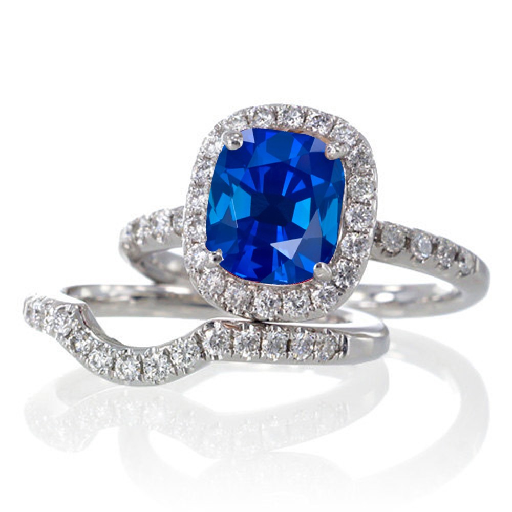 2 Carat Unique Sapphire and diamond Bridal Ring Set on 10k