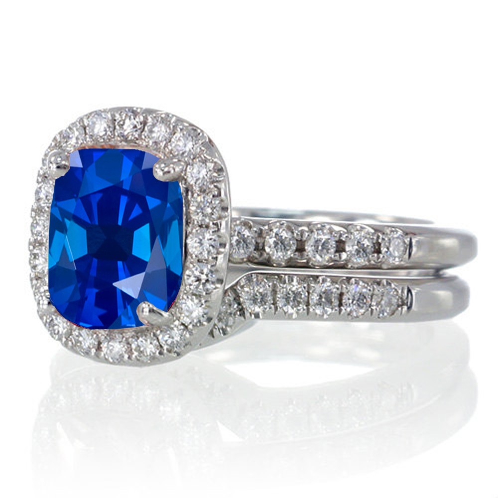 2 Carat Unique Sapphire and diamond Bridal Ring Set on 10k