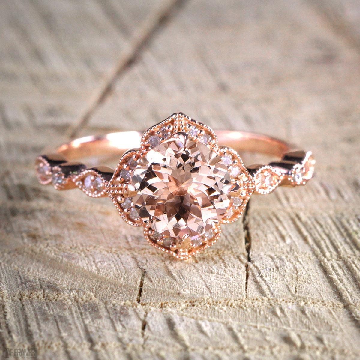 Sale Antique Design 1.25 Carat Peach Pink Morganite (Round Shaped) and Diamond Engagement Ring