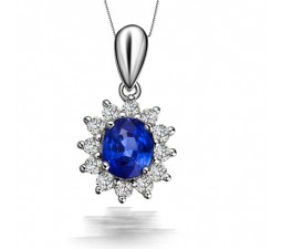 Floral Sapphire and Diamond Pendant on 10k White Gold