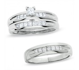 1 Carat Princess cut Trio Wedding Ring Set for Him and Her