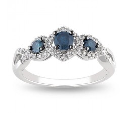 Three Stone Sapphie and Diamond 1 Carat Engagement Ring