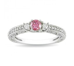 Pink Sapphire with Diamond Three Stone Engagement Ring