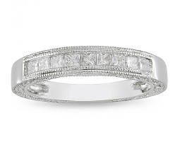 Antique Design Half Carat Princess Wedding Band in 14k White Gold