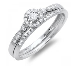 Inexpensive Halo Design Diamond Wedding Set for Her in White Gold