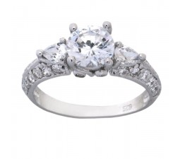 Three Stone 2 Carat Cubic Zirconia Antique Engagement Ring in 18k Gold over Sterling Silver