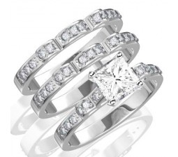 1 Carat Princess cut Diamond Trio Bridal Set on 10K White Gold