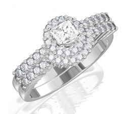 1 Carat Princess cut Diamond Halo Wedding Ring Set on 10K White Gold