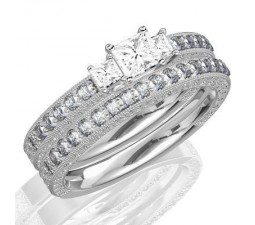 1 Carat  Diamond Antique Three Stone Wedding RinG Set on 10K White Gold