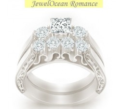 1 Carat Princess cut Diamond Three Stone Diamond Bridal Set On 10K White Gold