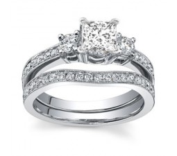 1 Carat Princess cut Diamond Three Stone Diamond Bridal Ring Set 10K White Gold