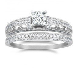 1 Carat Princess cut Diamond Wedding Ring Bridal Set On 10K White Gold
