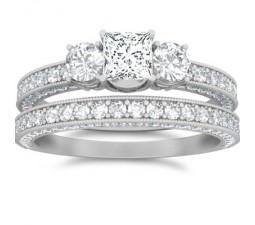 1 Carat Princess cut Diamond Three stone Diamond Wedding Ring Set 10K White Gold