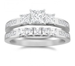 1 Carat Princess cut Diamond Three Stone Diamond Bridal Set 10K White Gold